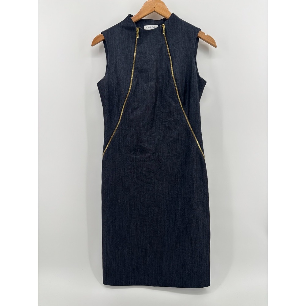 Calvin Klein Sheath Dress Womens Black High-Neck Zipper Front Sleeveless 4